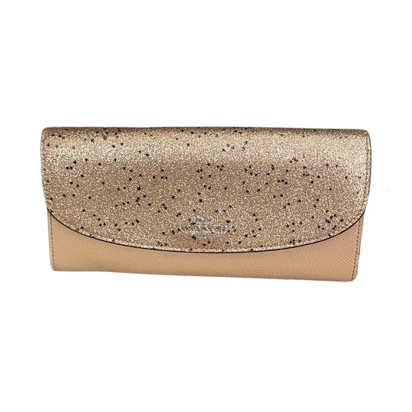 Coach Leather Envelope Wallet Sparkly Metallic Gold Clutch Evening Formal - Picture 1 of 12